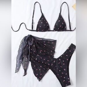 Sexy Floral Black Bikini String Triangle 3-Piece Set